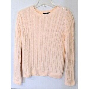 Lands End Sweater Wn XS Pink Pastel Cable Knit Fisherman Cotton Crew Neck Preppy